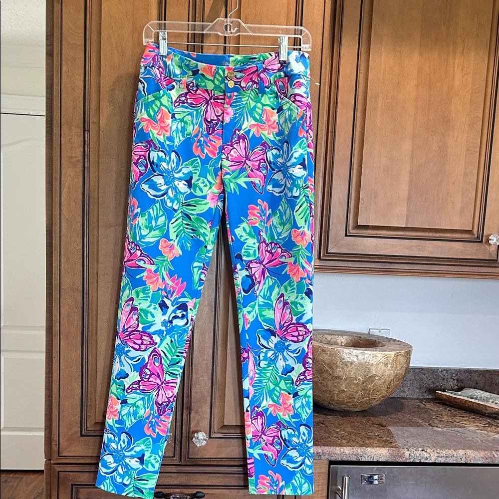 Lilly Pulitzer Blue Floral Luxletic pants  with Pink & Green Accents